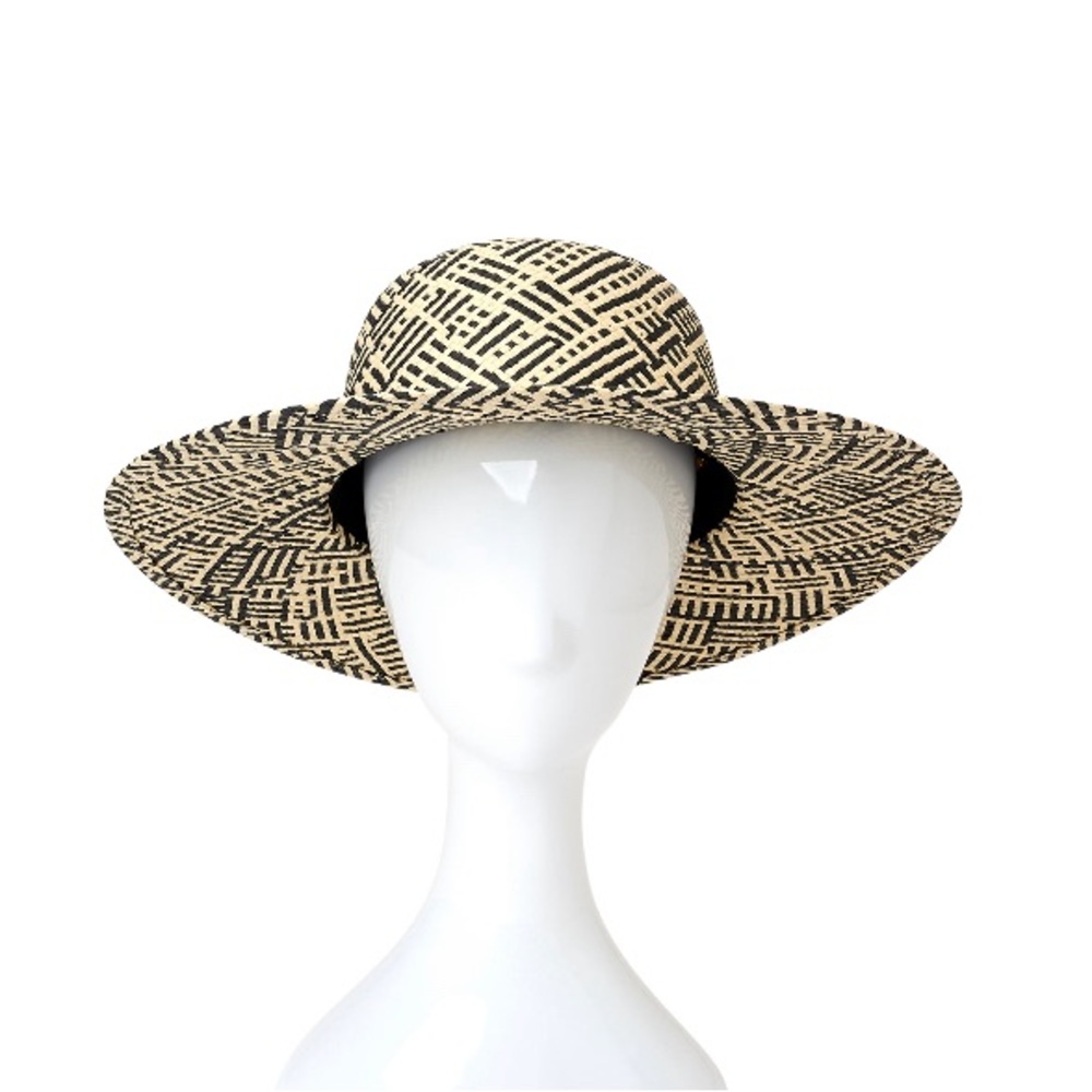Two Tone Straw Sun Hat Woven Black Natural Handmade One Size Fits Most